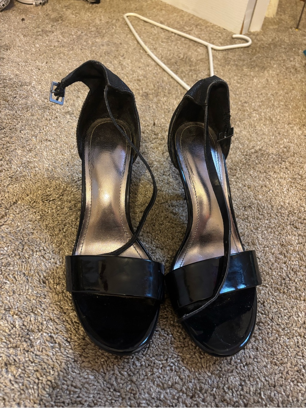 Black Patent Open-Toe Ankle Strap Heels - Women's